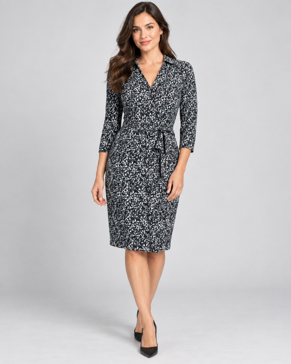 Ann Taylor Womens 6 Animal Print Stretch Jersey Dress Tie Waist 3/4 Sleeve
